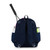 Back view of navy tennis backpack with tennis racquet held in the racquet pocket.