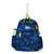 Front view of navy camo kids tennis backpack with lime green zippers.