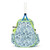 Front view of light blue kids tennis backpack with navy robots holding tennis racquets printed on the fabric. Front of backpack has a pocket for holding tennis racquets.