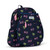 Side view of navy kids tennis backpack with repeating green heart shaped tennis balls and pink x and o.
