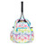 Front view of white kids tennis backpack with rainbow shibori tie dye pattern.