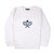 White sweatshirt lays flat on white background with navy crossed racquets embroidered on the front