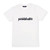 White t-shirt lays flat on a white background with the word pickleball embroidered in navy on the front in cursive