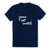 Navy t shirt lays flat on a white background with the words "game set match" embroidered on the front in white