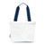 Front view of white mini surfside tote. Tote have navy details and navy straps