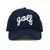 Navy baseball hat with the word golf embroidered on the front in white cursive font