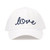 White baseball hat on white background with word "love" embroidered on the front in navy cursive