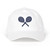 Front view of white baseball hat with navy crossed racquets embroidered on front