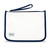 front view of white wet dry bag with navy wrist strap and navy trim