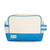 natural canvas beauty bag with blue canvas on the bottom and loop on side made of blue and white cotton webbing