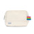 natural canvas beauty bag with rainbow striped cotton webbing loop on the side