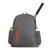 view of charcoal grey mens R Scott tennis backpack. There is a water bottle and tennis balls in the side pockets. Front has bright orange zipper to front pocket.
