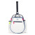 Front view of quilted white kids tennis backpack with navy trim and hot pink zippers.