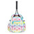 Front view of white kids tennis backpack with rainbow shibori tie dye pattern.