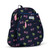 Side view of navy kids tennis backpack with repeating green heart shaped tennis balls and pink x and o.