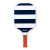 Navy and white striped pickleball paddle with tan faux leather handle.