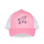 front view of pink and white kids trucker hat with shooting stars embroidered on the front