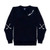 Navy womens cotton sweatshirt with "hold in one" in white cursive font embroidered on the neckline and white crossed golf clubs embroidered on the elbows.