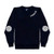 Womens navy sweatshirt with white embroidery on the neckline that reads "Pickleball" and white pickleball patches embroidered on the elbows