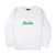 White sweatshirt lays flat on white background with green text reading birdie embroidered on the front