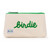 Front view of small natural canvas makeup pouch with green trim and zipper. Front is embroidered with the word "birdie" in green cursive font.