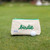 Front view of small natural canvas makeup pouch with green trim and zipper. Front is embroidered with the word "birdie" in green cursive font.