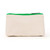 back view of small natural canvas makeup pouch with green trim and zipper. Front is embroidered with the word "birdie" in green cursive font.