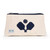 Front view of small natural canvas makeup pouch. Navy crossed paddles are embroidered on the front and navy trim on the zipper.