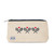 Front view of small canvas makeup pouch with navy zipper. Front has three crossed racquets in navy printed on