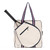 Natural canvas tennis tote with navy trim and navy and pink striped handles. Front pocket holds multiple tennis racquets.