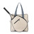 Front view of large canvas tennis tote with front pocket for tennis racquet. Tote has navy trim and handles.
