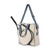 Side view of large canvas tennis tote with front pocket for tennis racquet. Tote has orange trim and handles.