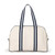 back view of natural colored canvas pickleball bag with navy and white cotton webbing straps 