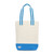 natural canvas wine tote with blue and white cotton webbing straps and blue canvas at the bottom