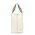 rectangular tan canvas shoe bag with rainbow striped handles.