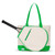 Natural canvas tennis tote with bright green trim, handles and bottom panel. Front pocket holds tennis racquets.
