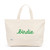 Canvas large tote with word Birdie embroidered on the front in green cursive font