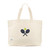 Front view of large canvas tote with crossed racquets and tennis ball embroidered on front.