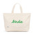 Canvas large tote with word Birdie embroidered on the front in green cursive font