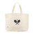 Front view of large canvas tote with crossed racquets and tennis ball embroidered on front.