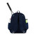 Back view of navy tennis backpack with tennis racquet held in the racquet pocket.