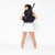 Woman stands on white background wearing black tennis backpack with tennis racquet inside racquet pocket.