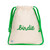 Front view of natural canvas shoe bag with green trim and the word "birdie" embroidered on the front in green.