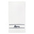 White terry towel laying flat on white background with navy stripes and the word love embroidered on it
