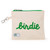 Front view of small natural canvas tee pouch with green trim and zippers. Pouch is embroidered with the word "birdie" in green