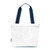 Front view of white mini surfside tote. Tote have navy details and navy straps