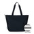 black nylon tote with black straps that shows a swatch next to it with gray and white interior stripes