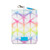 back view of white small pouch with rainbow tie dye pattern and blue zippers