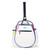 Front view of quilted white kids tennis backpack with navy trim and hot pink zippers.