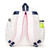 Back view of quilted white kids tennis backpack with navy trim and hot pink zippers.